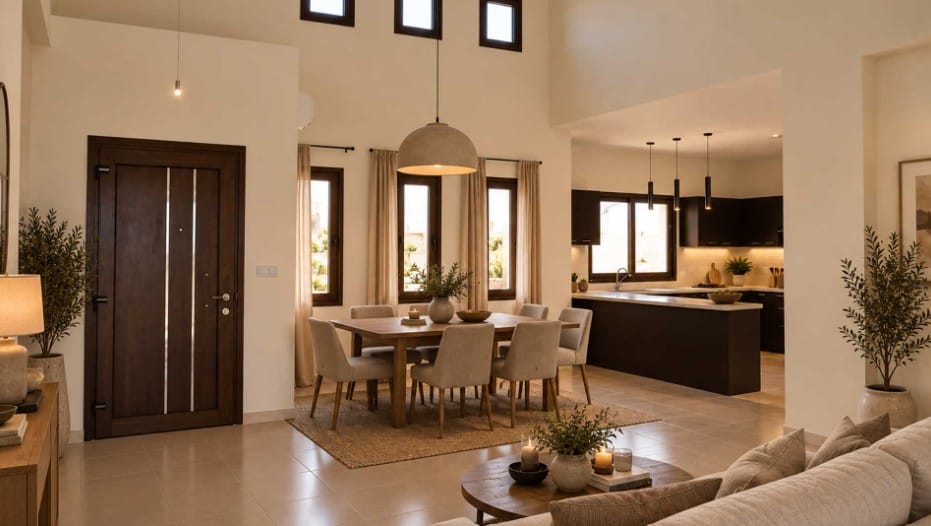 Open-plan dining and kitchen area with double-height ceiling