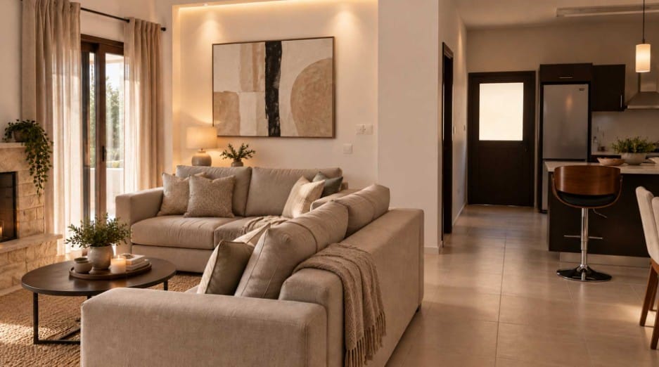 Living room with fireplace and open-plan kitchen view