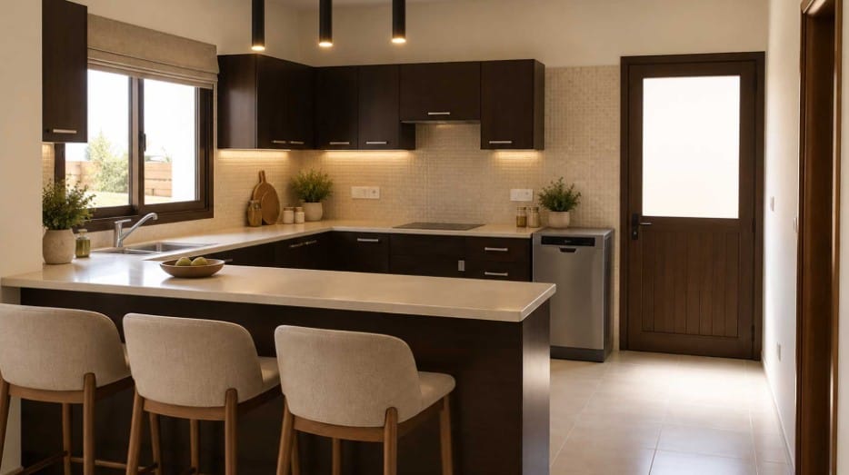 Fitted kitchen with island and breakfast bar seating