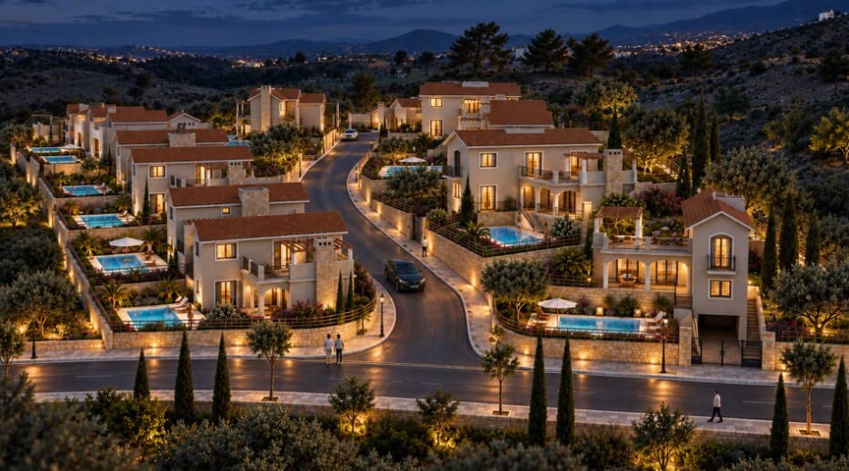 Illustrative rendering of the surrounding residential area at dusk
