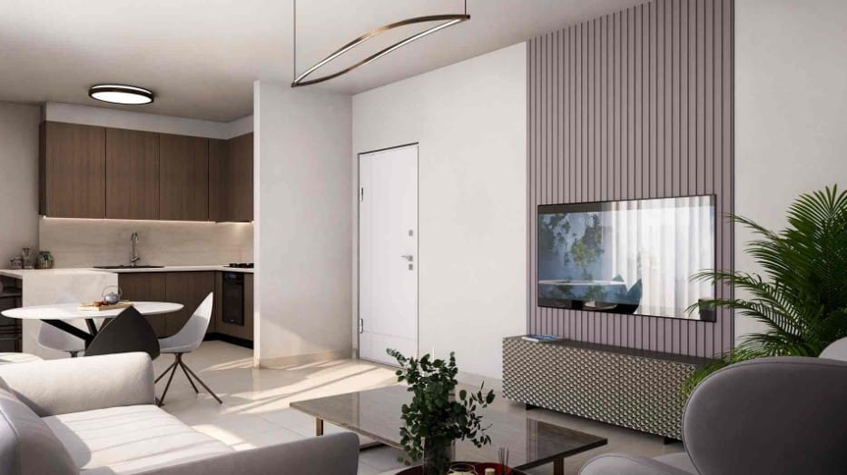 Open-plan living room and kitchen interior in the Kato Paphos apartment