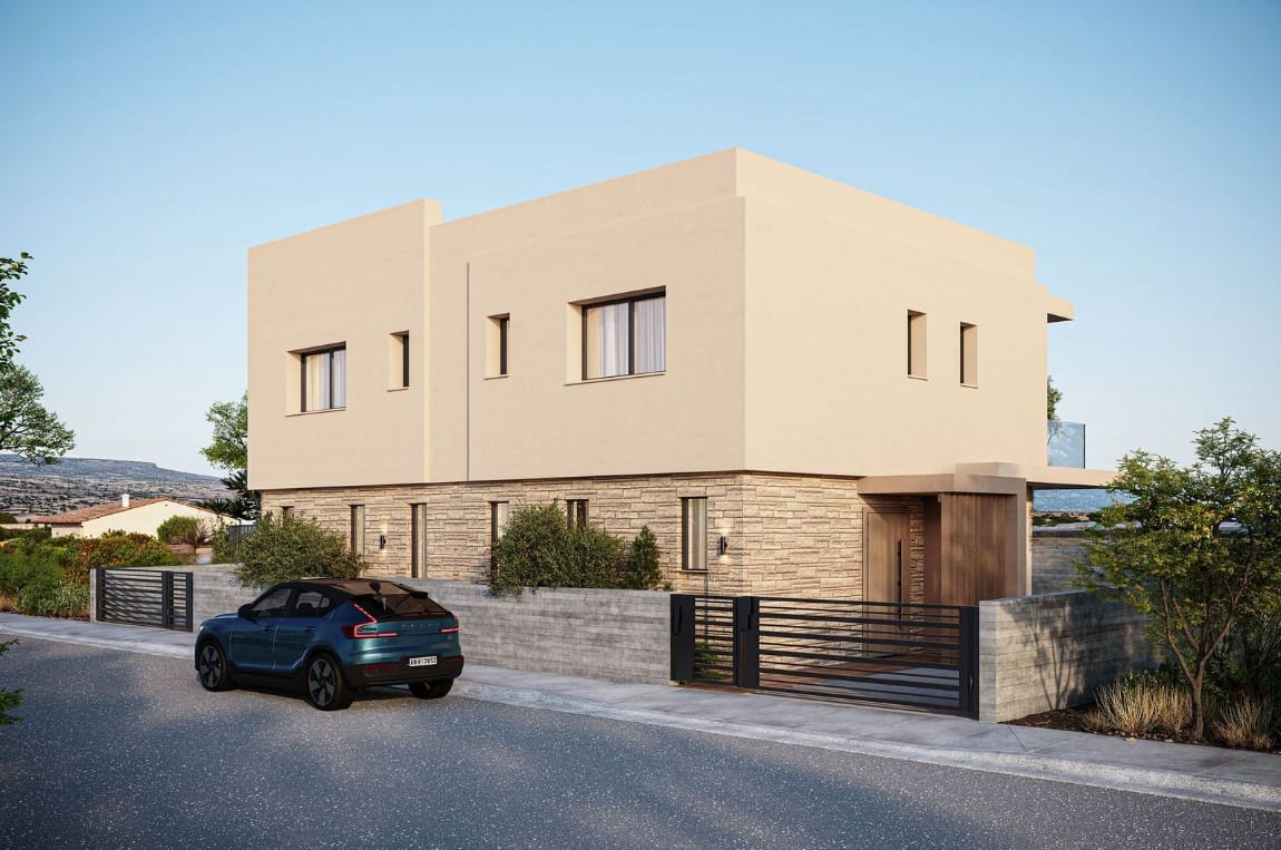 Modern villa exterior in Geroskipou Coast, Paphos, seen from the street