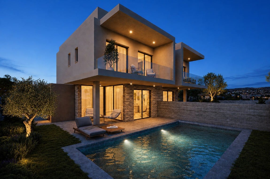 Private pool and outdoor living area at Geroskipou Coast villa at dusk