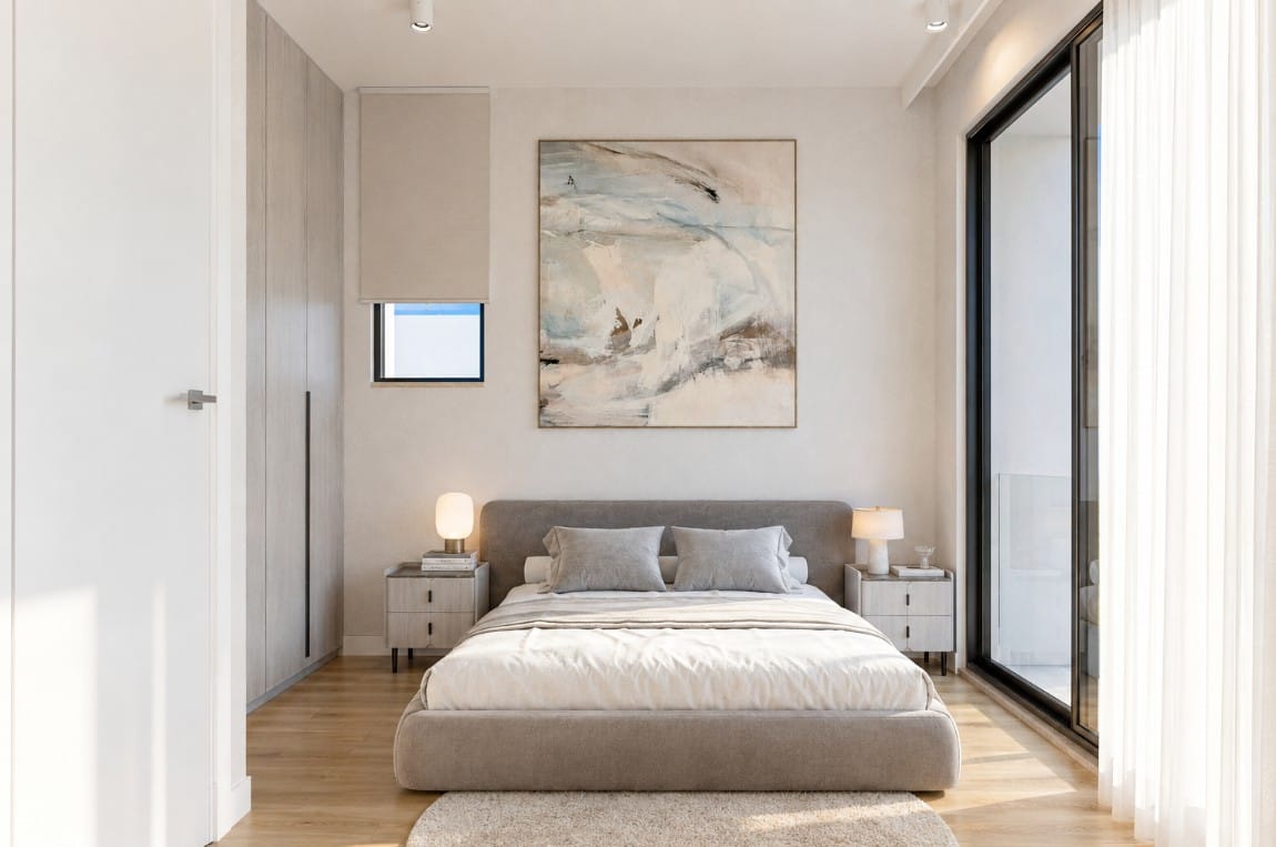 Bedroom with fitted wardrobes and full-height glazing in the Geroskipou Coast villa