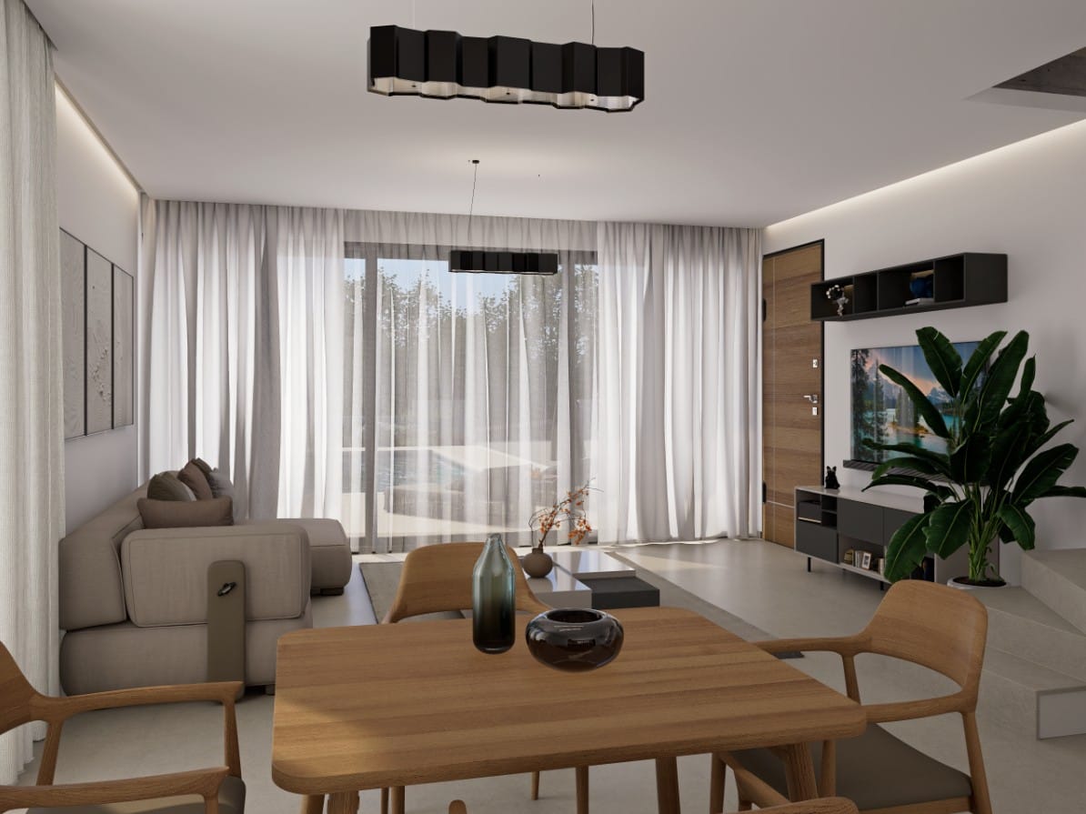 Living and dining area in an off-plan villa in Chloraka, Paphos