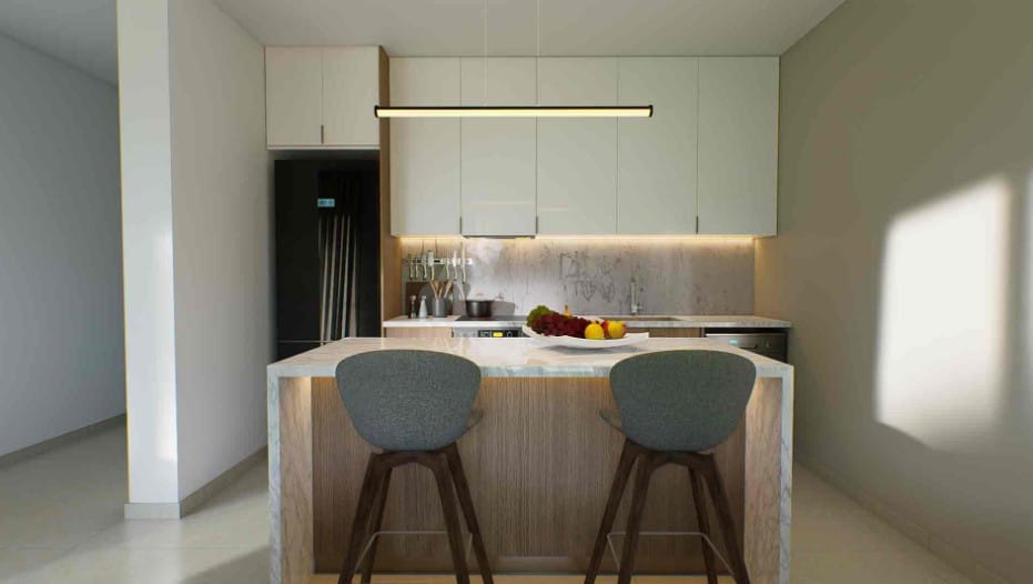 Fitted kitchen and breakfast island in a 2-bedroom Polis apartment