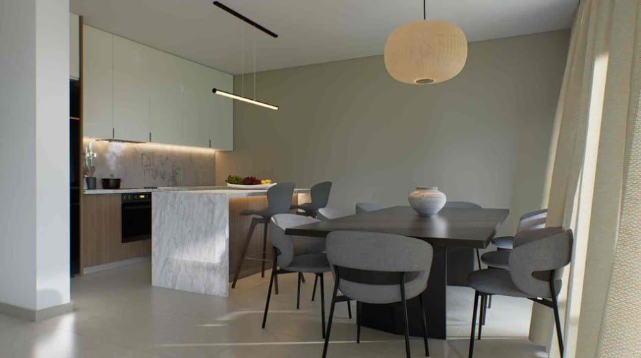 Open-plan kitchen and dining area in a Polis apartment