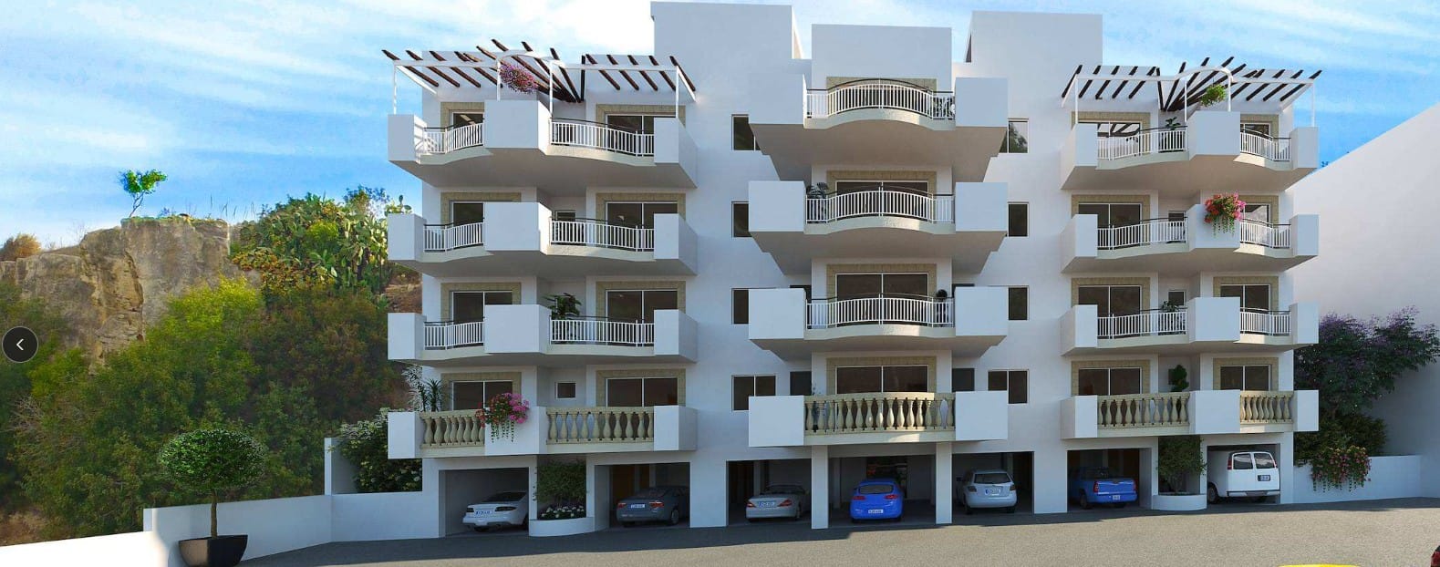 Exterior rendering of a white apartment building with balconies and ground-level parking in Universal, Paphos