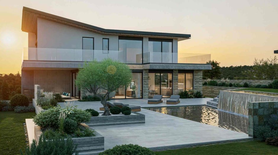 Exterior of an off-plan villa in Venus Rock, Paphos, with private swimming pool, water feature and landscaped terrace at sunset