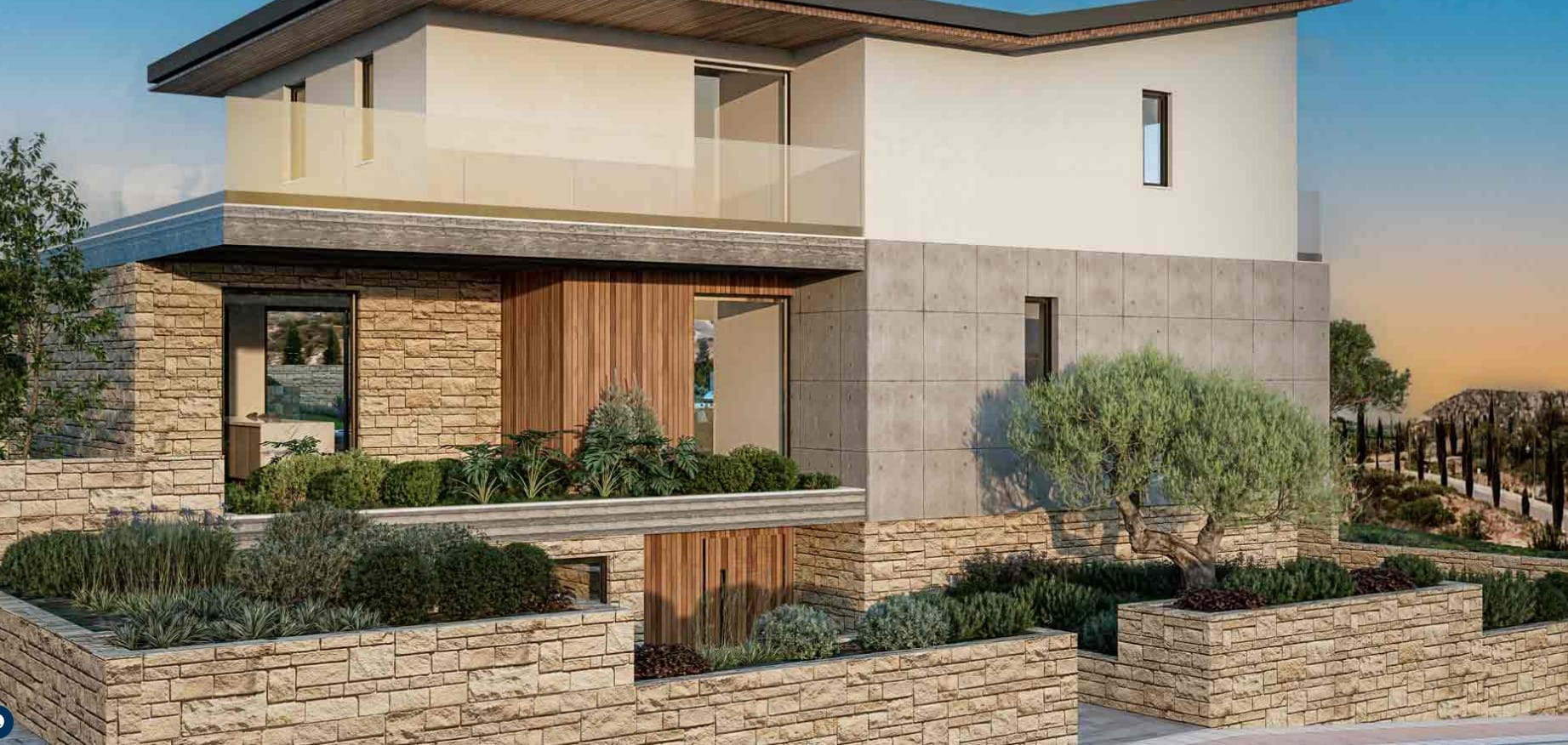 Villa exterior in Venus Rock, Paphos, with stone cladding, timber details, glass balcony and landscaped planters