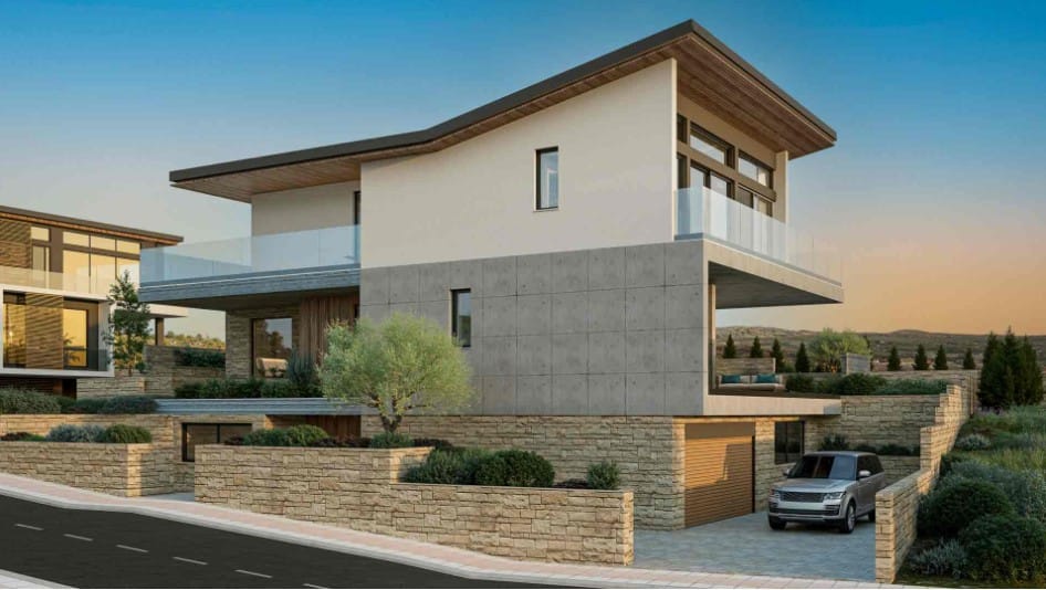 Side exterior view of an off-plan villa in Venus Rock, Paphos, with covered parking, stone walls and glass balconies