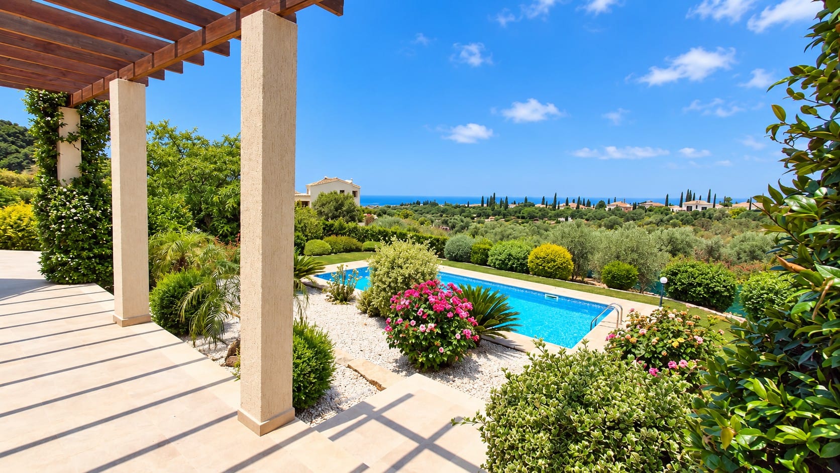 Covered terrace view over the private swimming pool and landscaped gardens towards the Mediterranean coastline