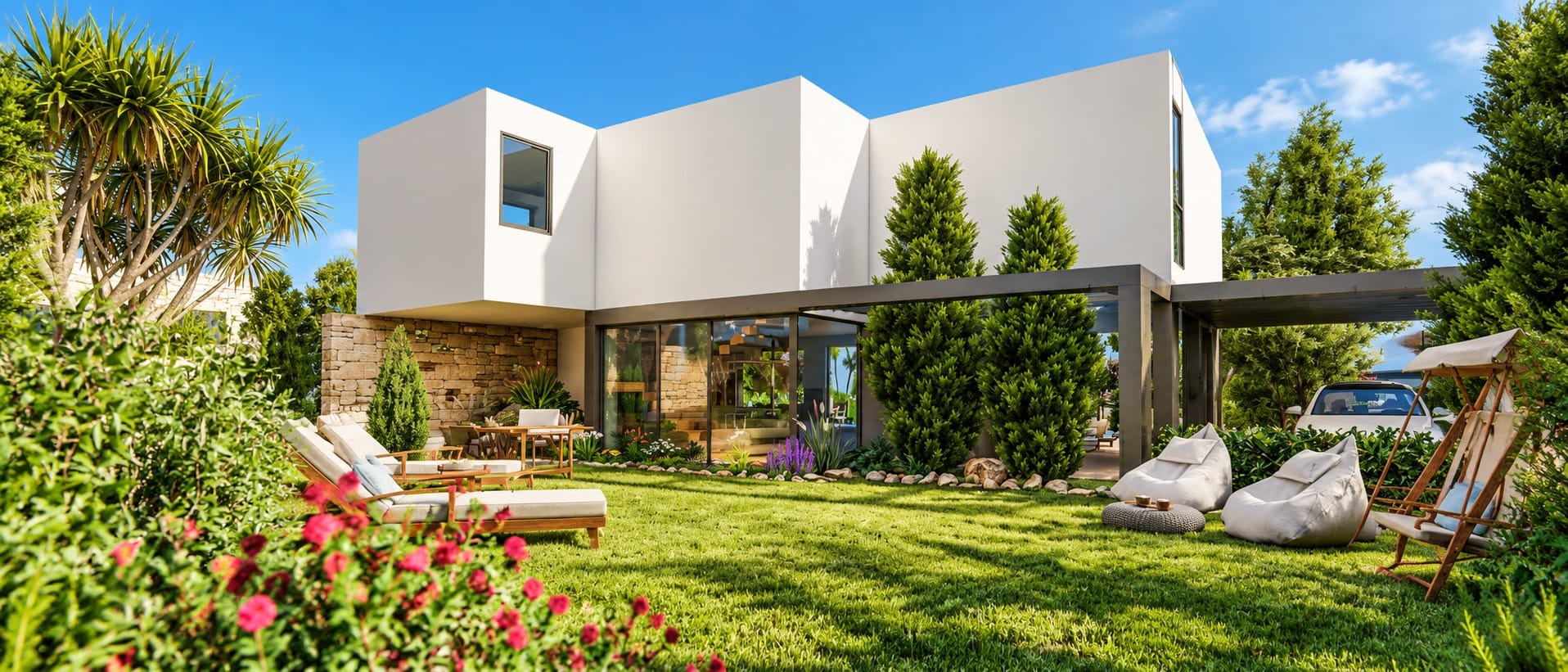 Garden view of a contemporary villa with sun loungers, lawn, stone feature wall, large glazing and a covered pergola