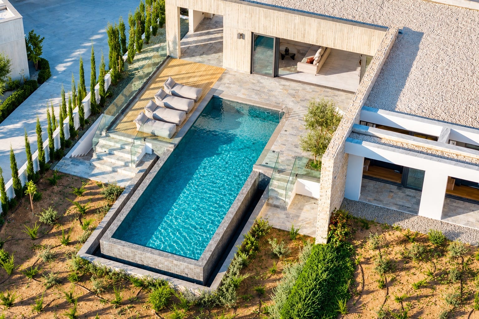 Aerial view of a ready-to-move-in villa in Sea Caves, Paphos, with private overflow swimming pool, sun loungers on a timber deck, stone terrace and landscaped garden