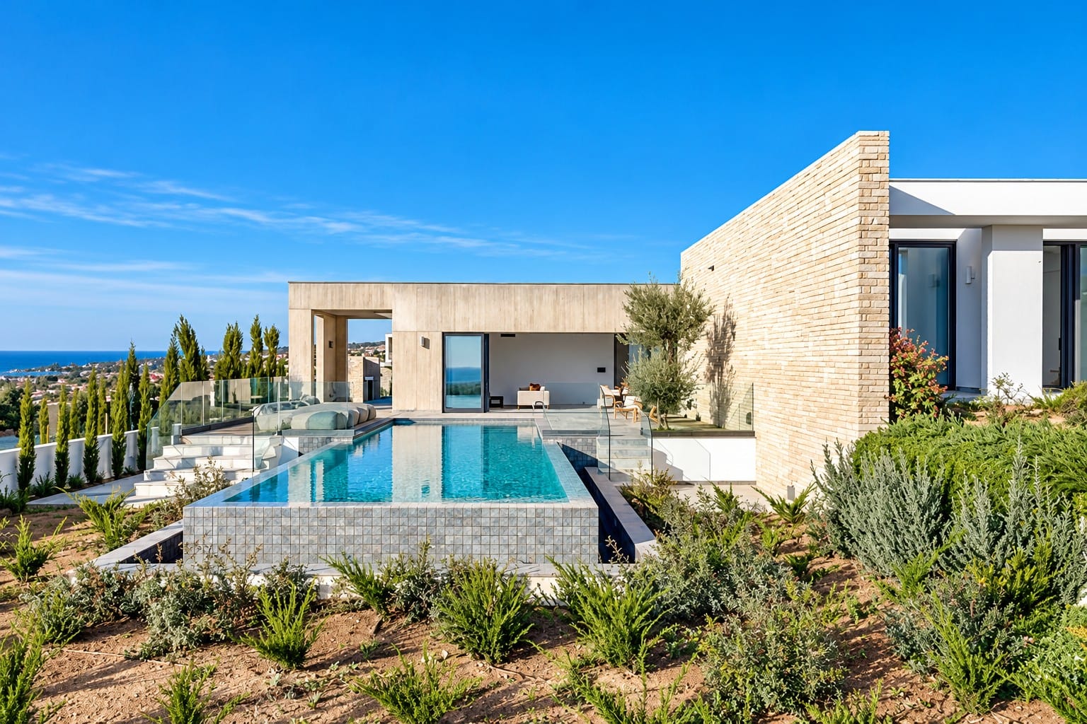 Exterior of a single-level villa with private overflow swimming pool, stone-clad wall, covered terrace and landscaped garden, with Mediterranean Sea views in the distance
