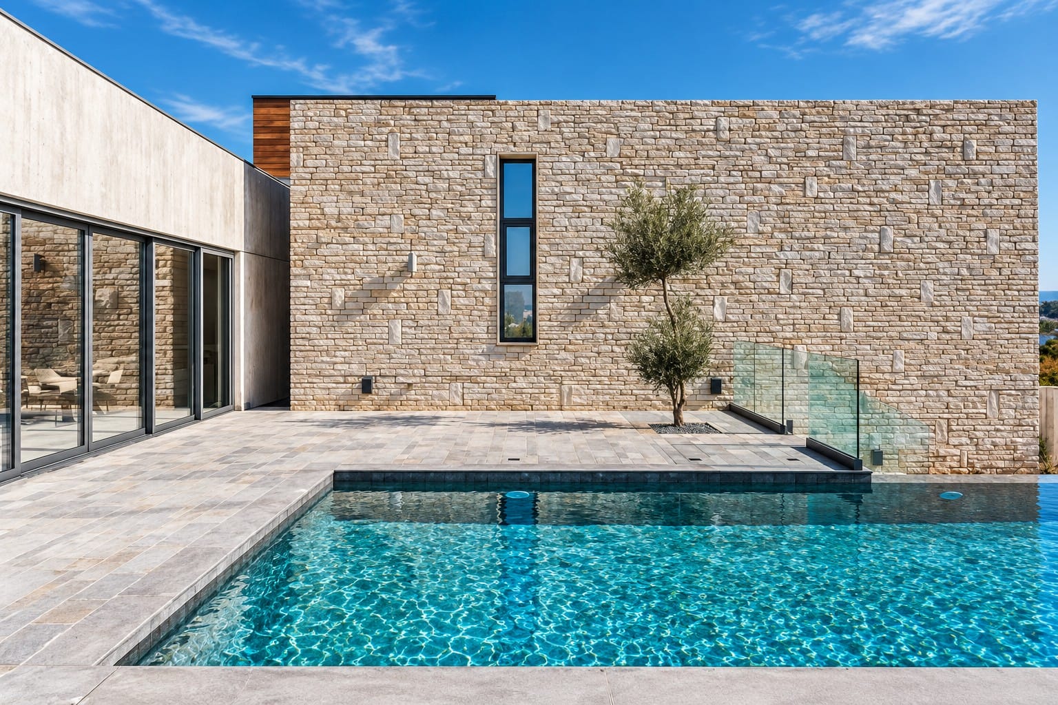 Private swimming pool beside a stone-clad wall with an olive tree, paved terrace and full-height glazing