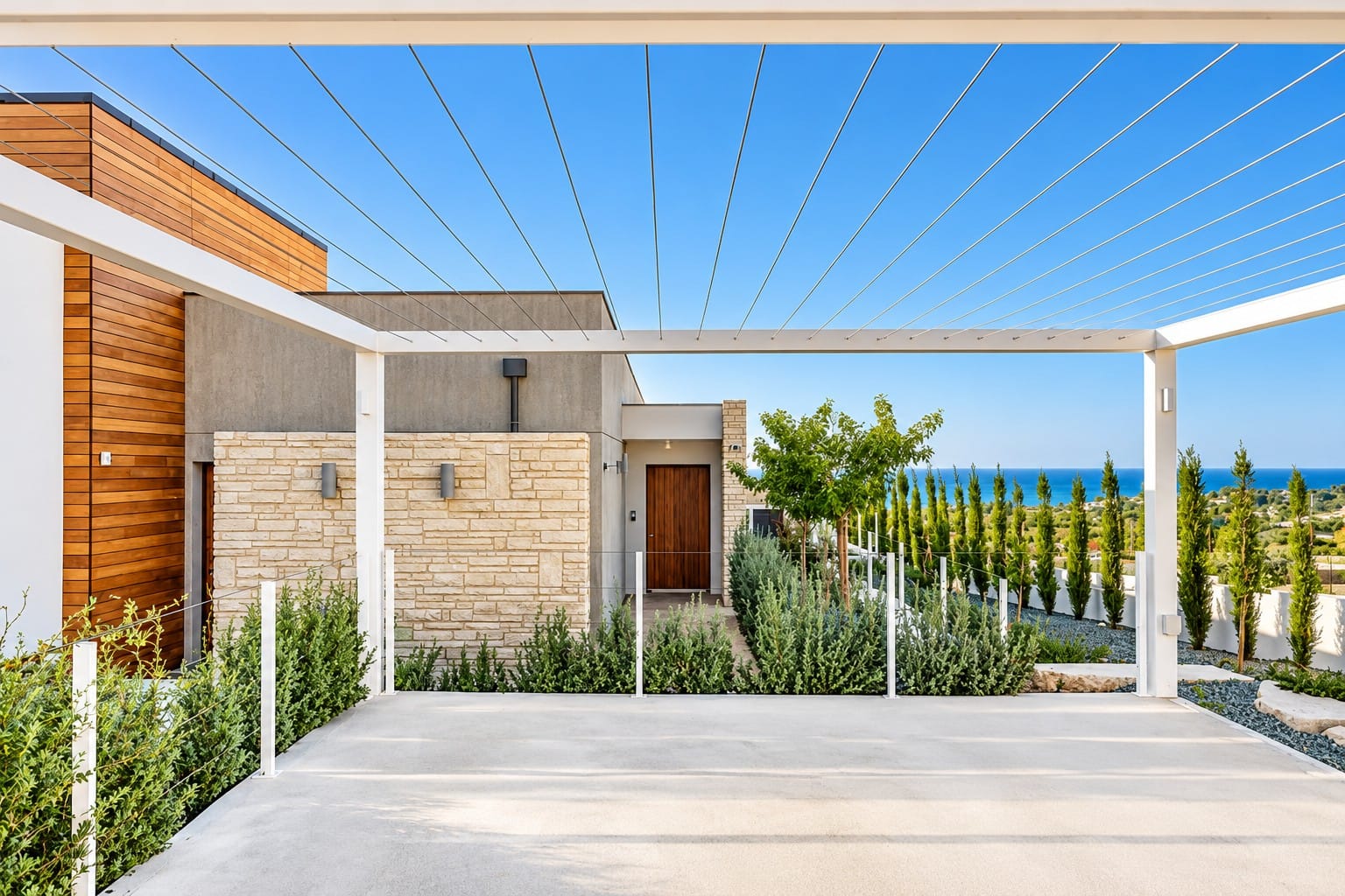 Pergola-covered parking area leading to the villa entrance, with stone and timber-clad facades, planting and a distant sea view