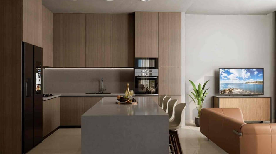 Fitted kitchen with island at 5-bedroom villa in Agios Athanasios, Limassol