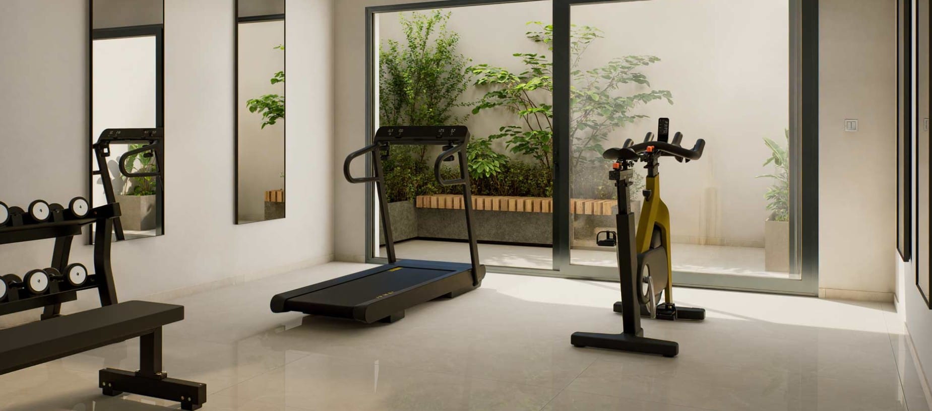 Home gym with treadmill and exercise bike at villa in Agios Athanasios, Limassol