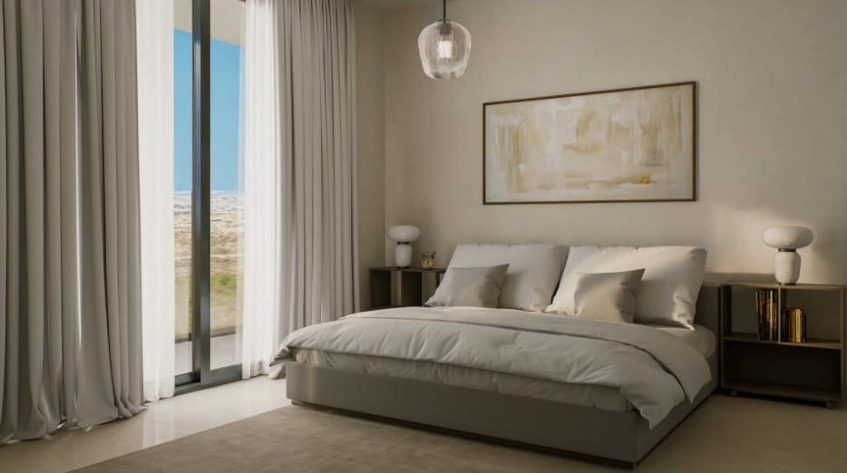 Double bedroom with full-height window at villa in Agios Athanasios, Limassol