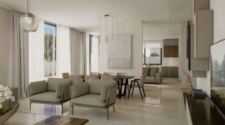 Living, dining and kitchen area at 5-bedroom villa in Agios Athanasios, Limassol